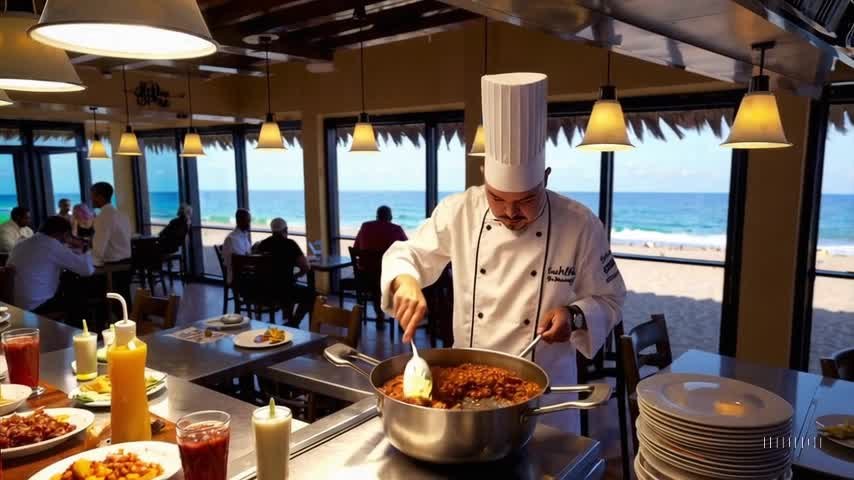 Chef preparando alimentos en una cocina abierta junto al mar, imagen del material de referencia SLM