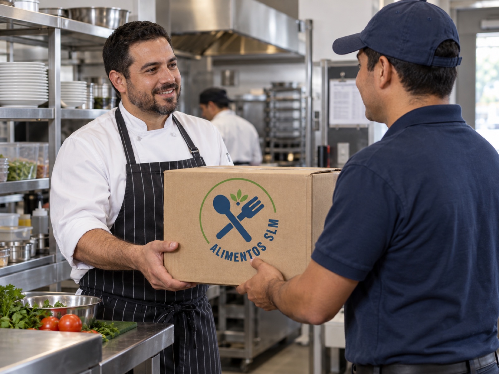 Representación de un colaborador SLM entregando una caja a un chef en la cocina de un restaurante